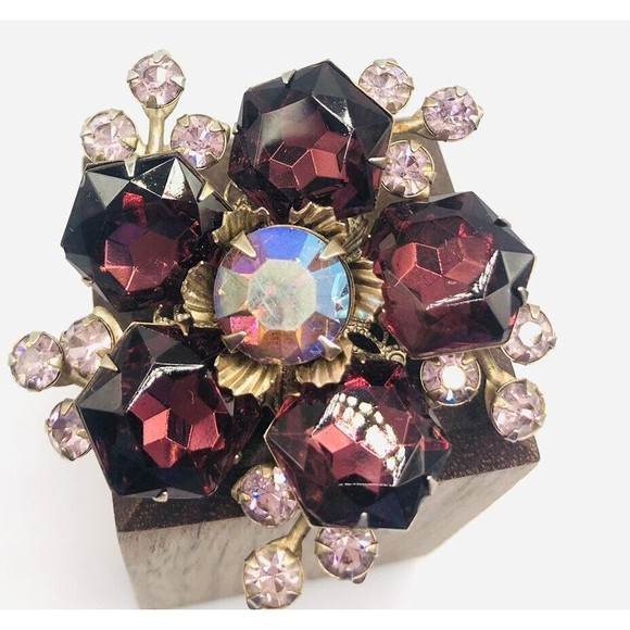 Purple Glass Brooch~ Pink Rhinestone ~AB Glass Bead - Picture 2 of 5